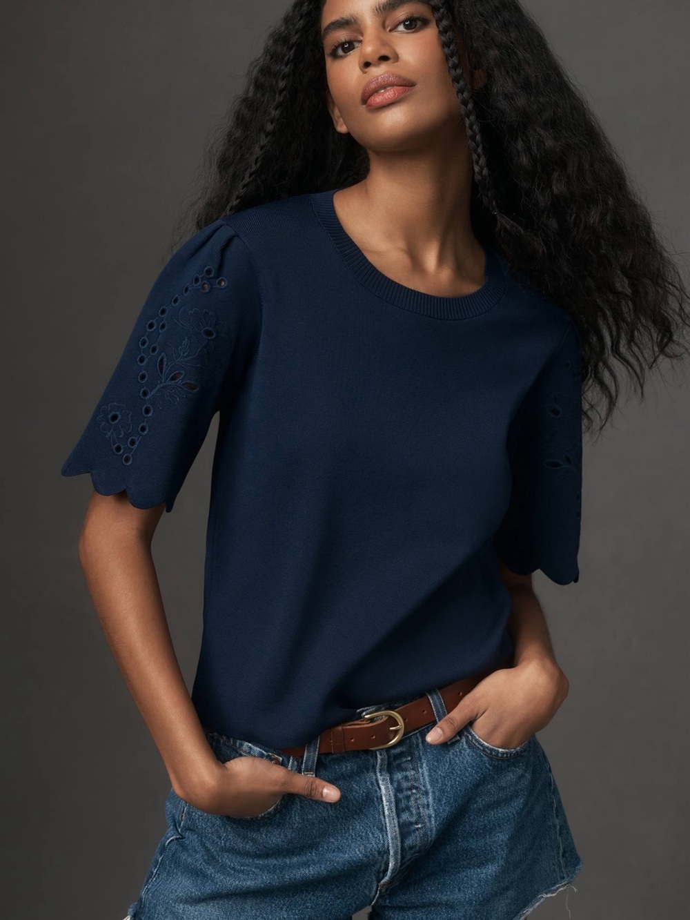 Maeve Anthropologie Embroidered Scalloped Sweater Tee Womens Size XS Navy Top